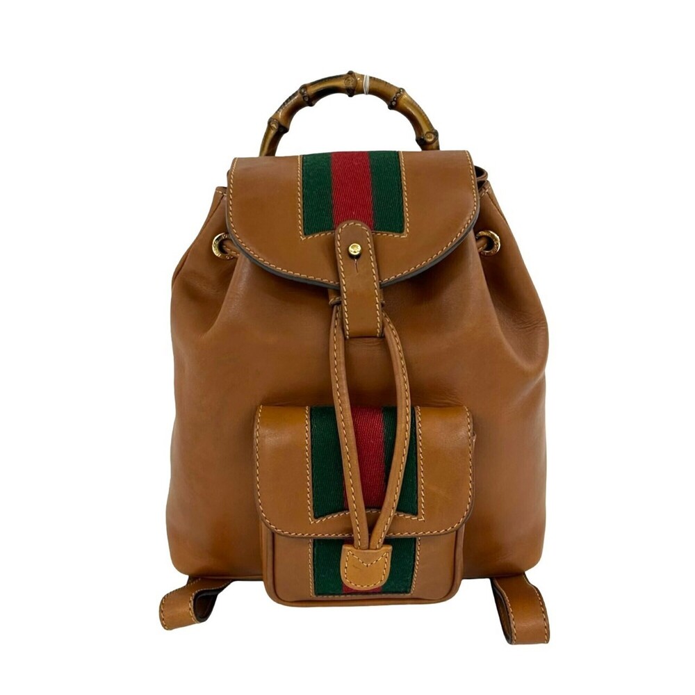 GUCCI Vintage Sherry Line Bamboo Leather Backpack (Brown, 34010)